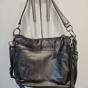 Coach Glossy Pewter Leather Shoulder Bag